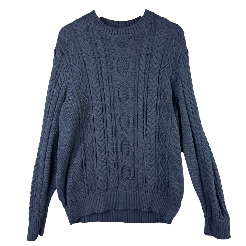 LL Bean Mens XL Regular Navy Blue Organic Cotton Cable Knit Sweater 514892